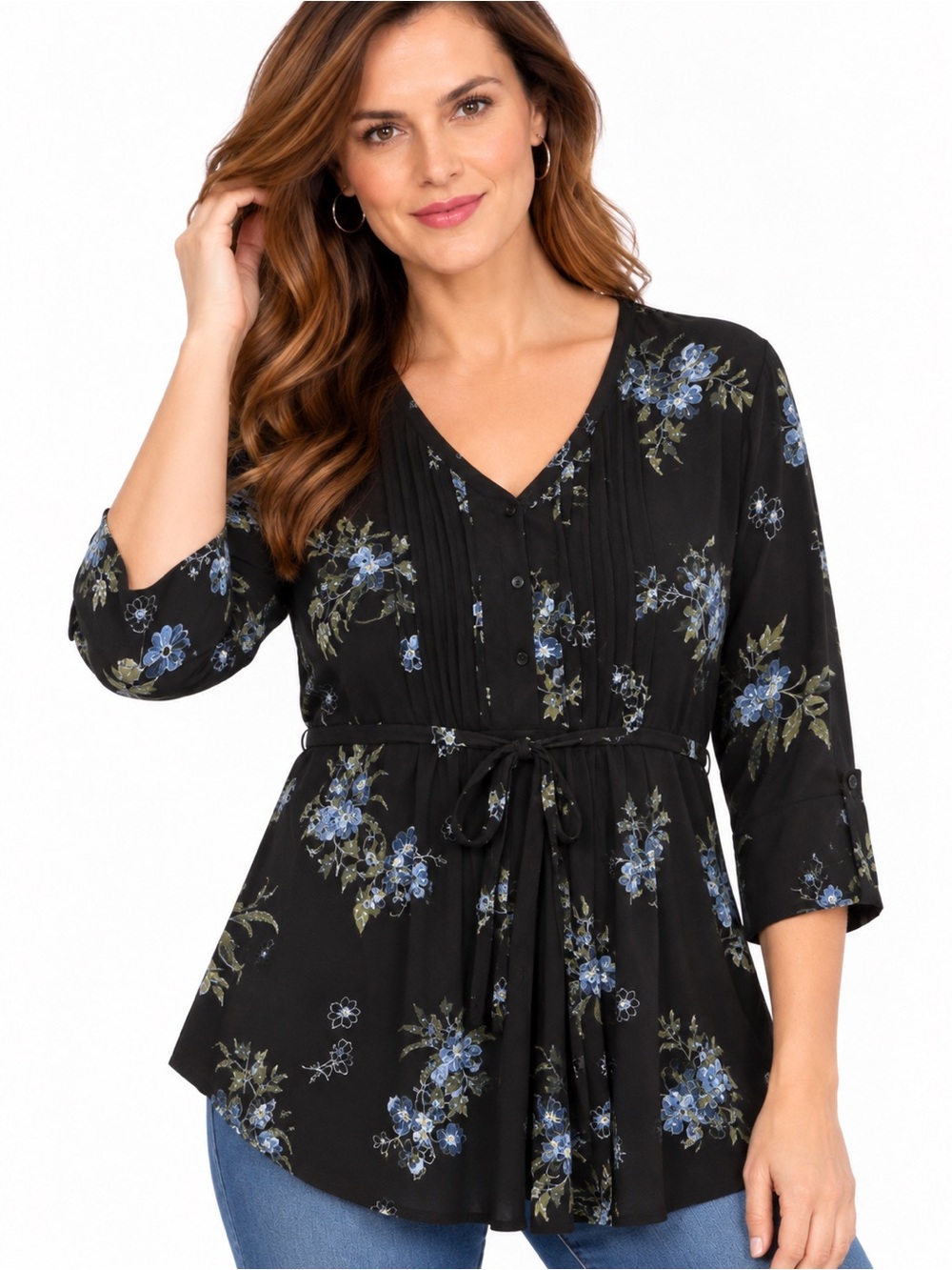 NWT Black Floral Pintuck Tie Waist 3/4 Sleeve Tunic Top